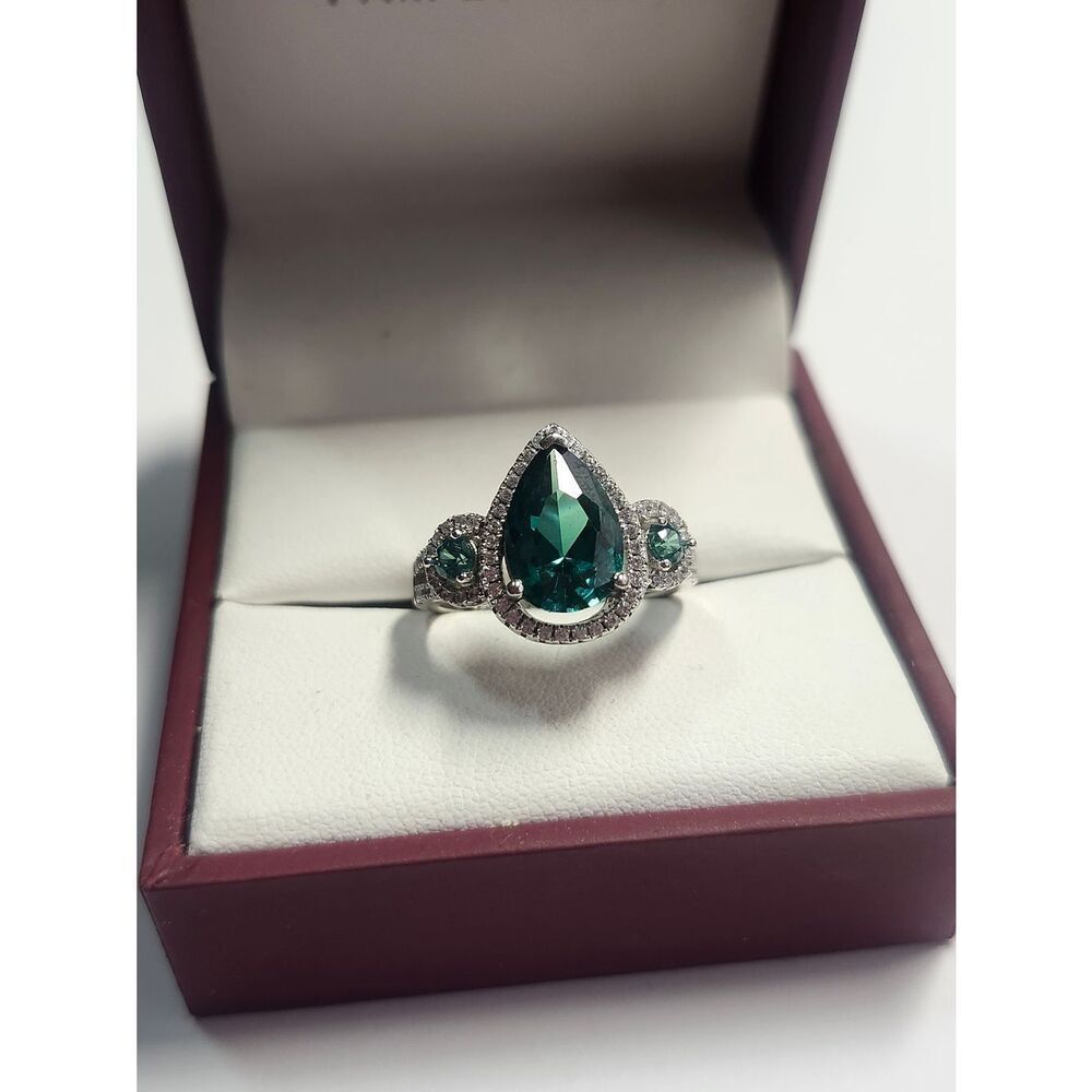 Sterling Silver Designer D'Manis Teardrop Emerald Green Halo Ring  Size 8 - Picture 4 of 7